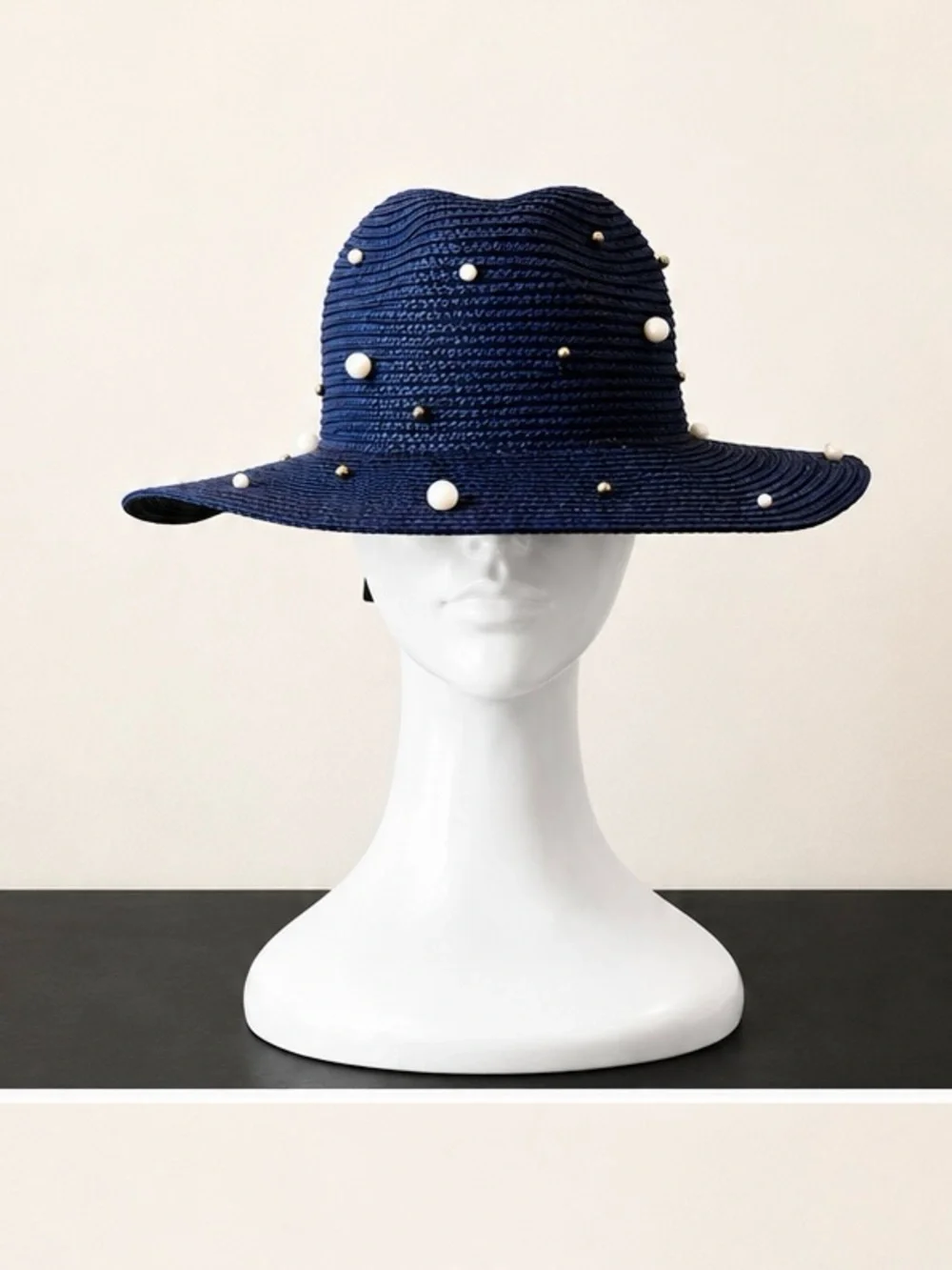 Ashley Stewart Navy Blue Pearl Studded Straw Hat Sun Glam Wide Brim NWT